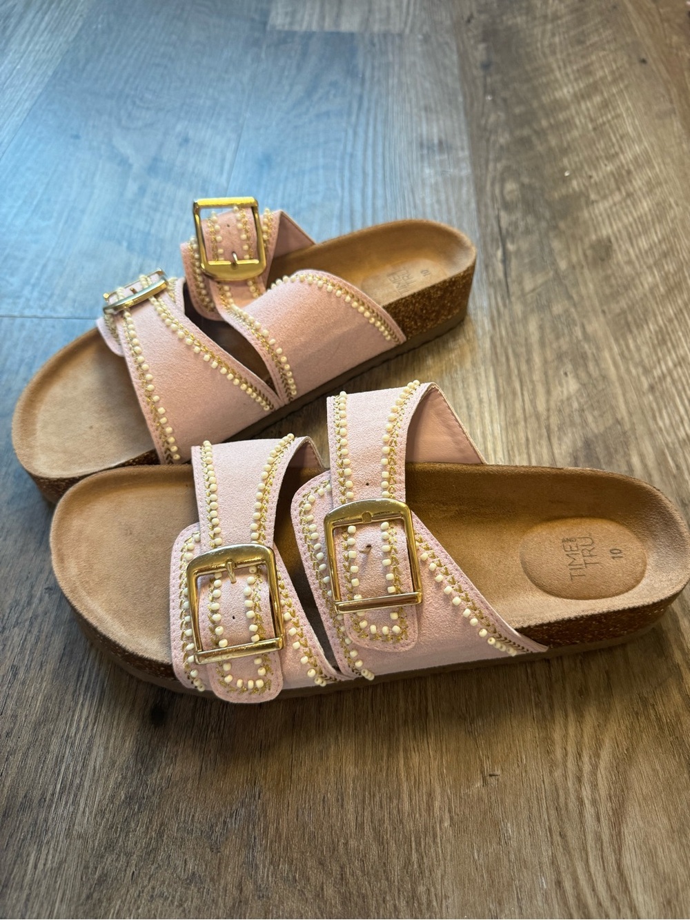 Time and Tru Pink Embellished Double Buckle Cork Slide Sandals Size 10 - Picture 3 of 5